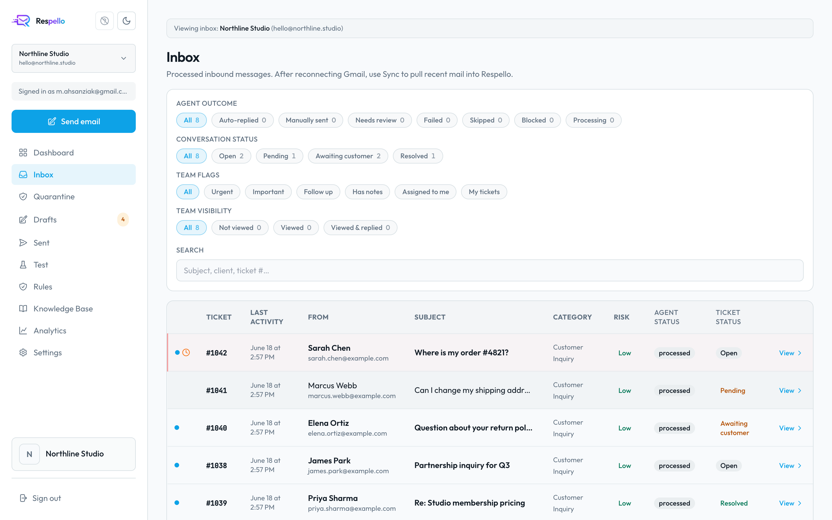 Respello inbox thread list with filters